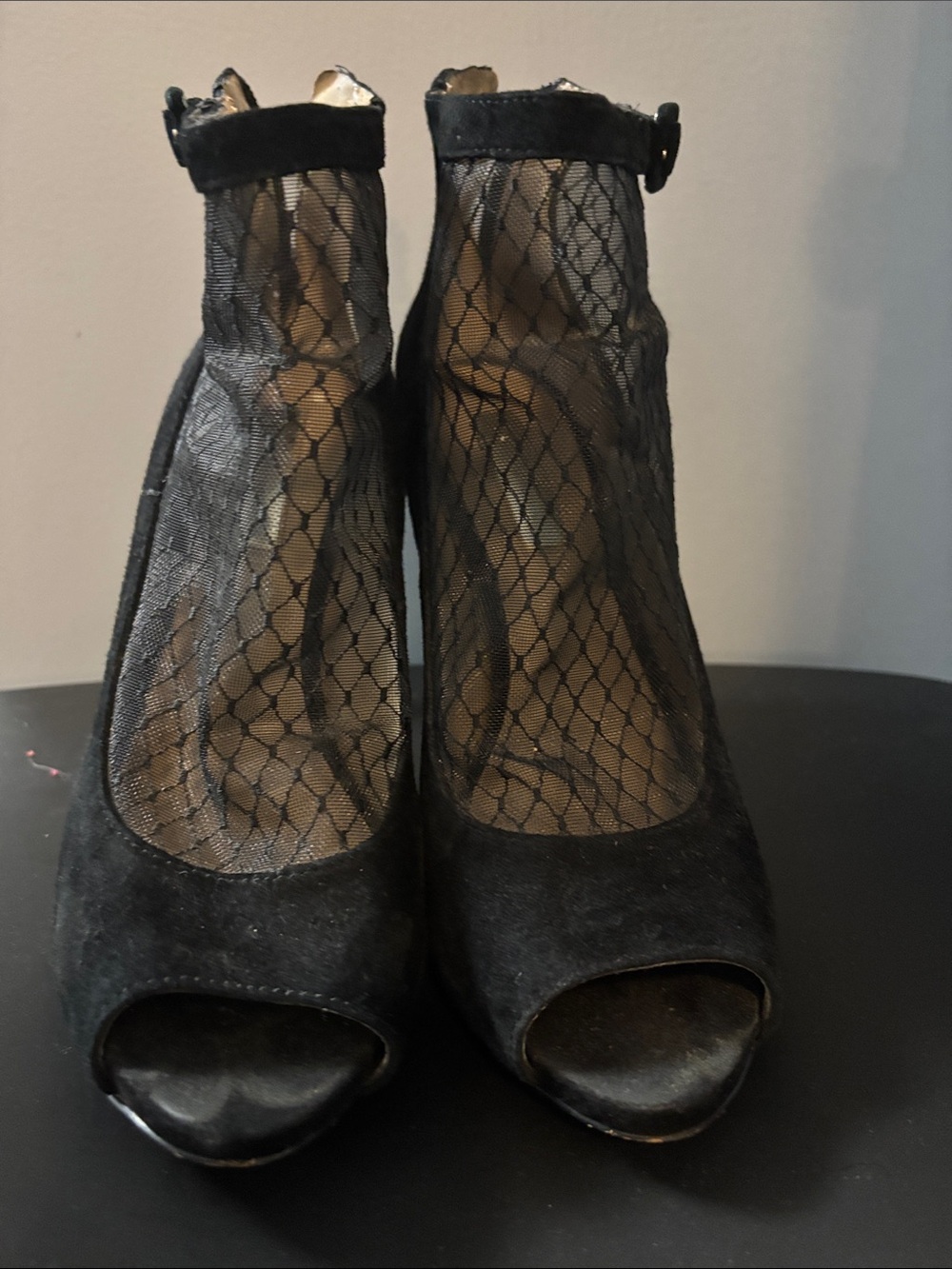 INC International Concepts Black Mesh Suede Peep-Toe Ankle Booties